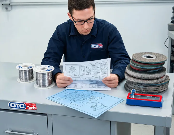 Technician reviewing abrasive and welding tool documentation